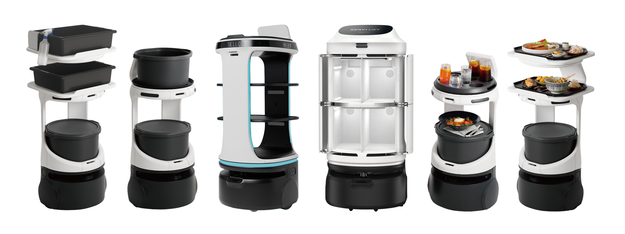 SERVI and SERVI Mini food service robots for restaurant food table delivery and dish bussing